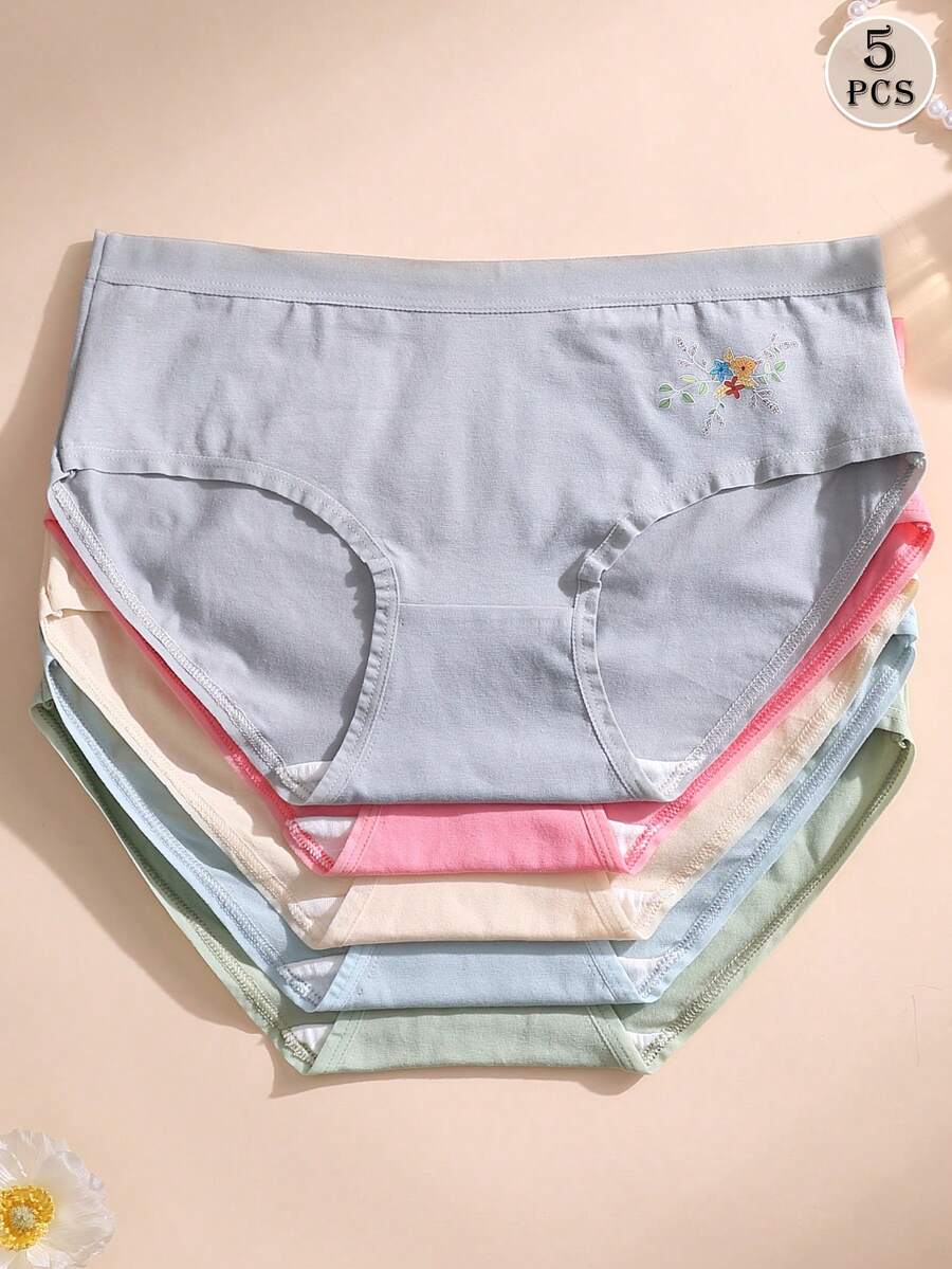 5件組女款棉質三角內褲 低腰無縫內褲 花朵印花舒適內衣內褲 - 彩色 - 查看 1
