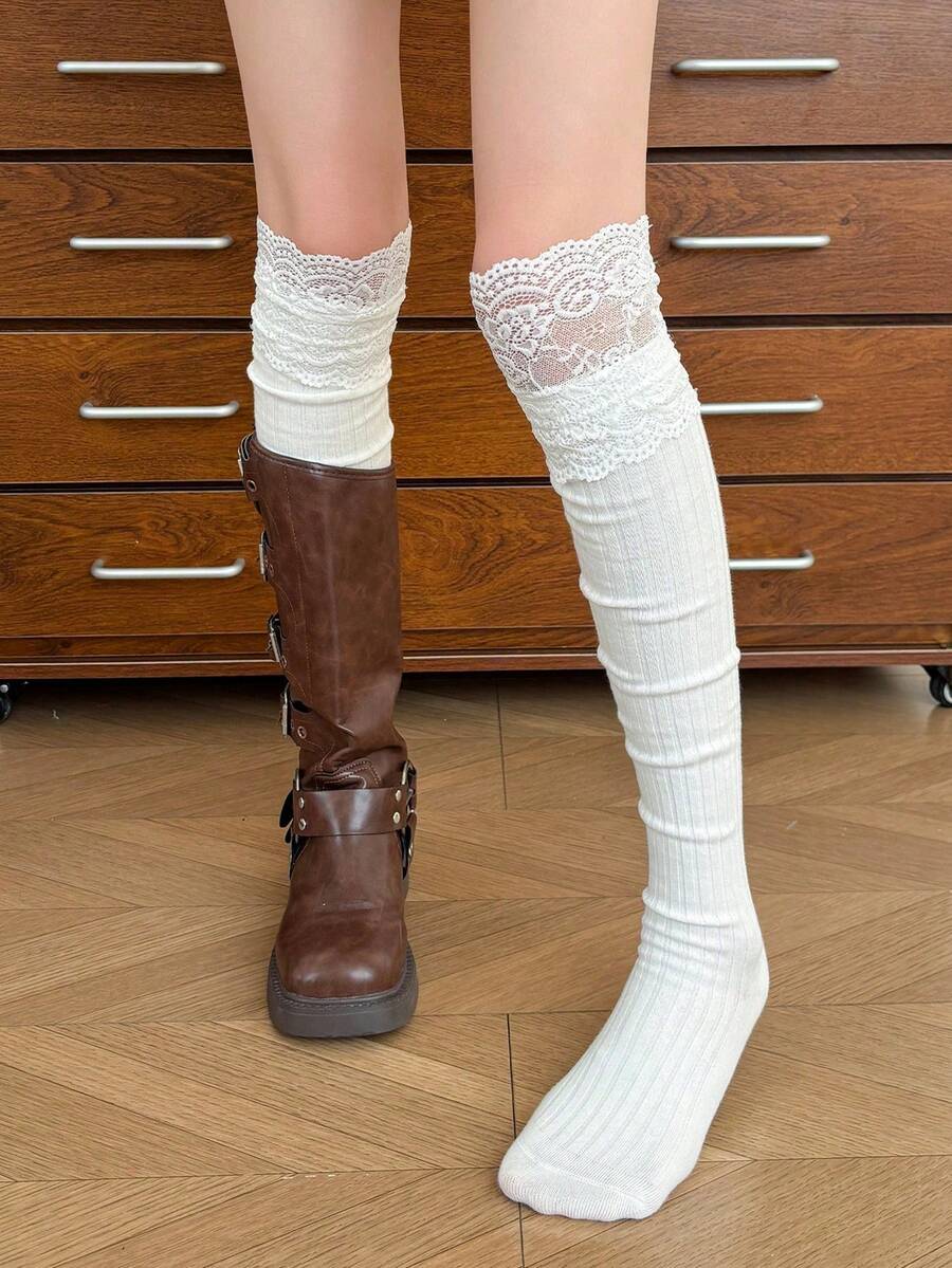 1/2 Pairs Women's Colorful Lace Ruffle Bow Versatile Ballet Style Over-The-Knee Socks - Multicolor - View 1