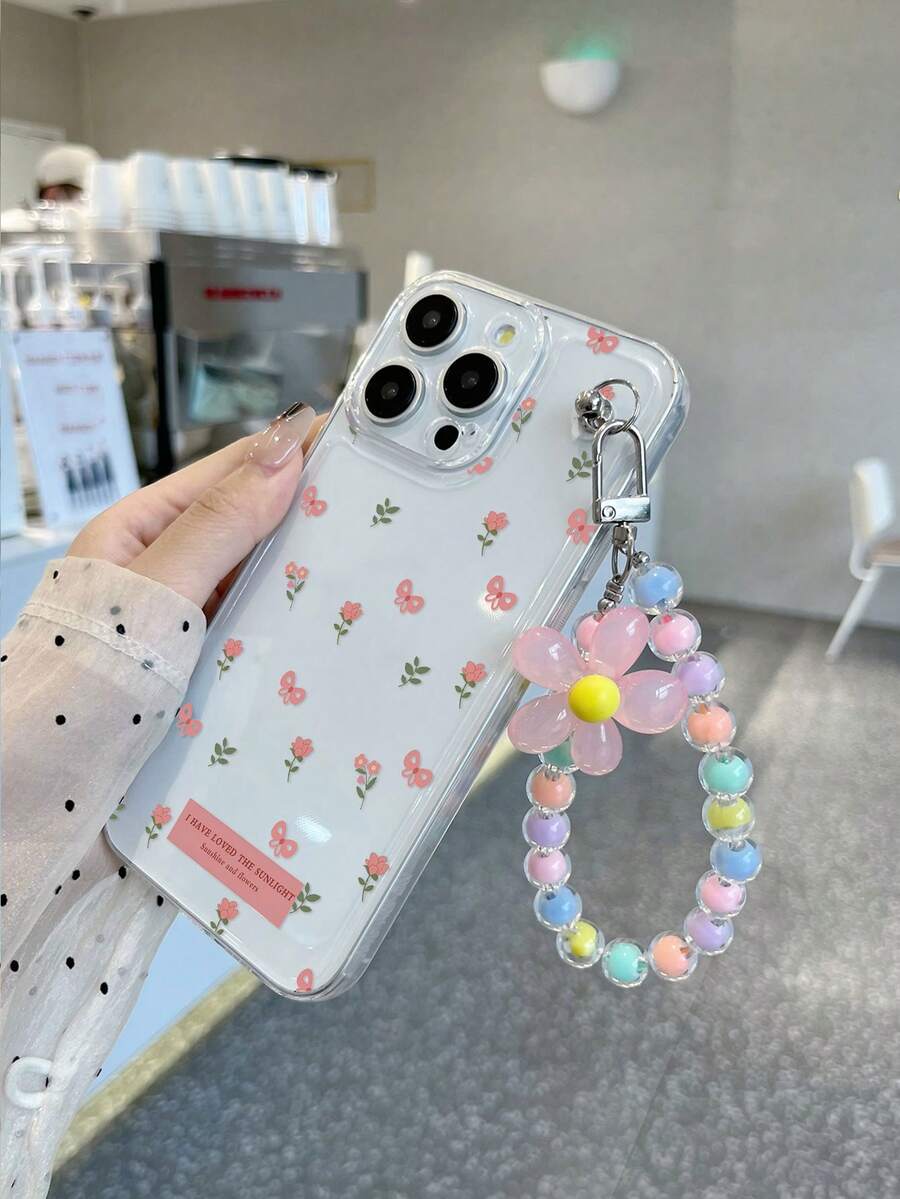 #Android#1pc Transparent TPU Soft Bean Paste Pink Flower Butterfly English Slogan Pattern Full Coverage Phone Case And 1pc Pink Flower Colorful Bead Bracelet Phone Charm, Suitable For Versatile Phone Case/Transparent Phone Case/Interesting Phone Case/Android Phone Case/ Phone Case/ Phone Case/ Phone Case - Multicolor - View 1