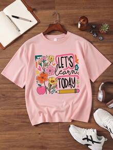 Plus Size Women Let's Learn Today Floral Teacher Print Crew Neck Short Sleeve Pink T-Shirt, Medium Stretch Loose Back To School Teacher Gift Casual - Pink - View 2