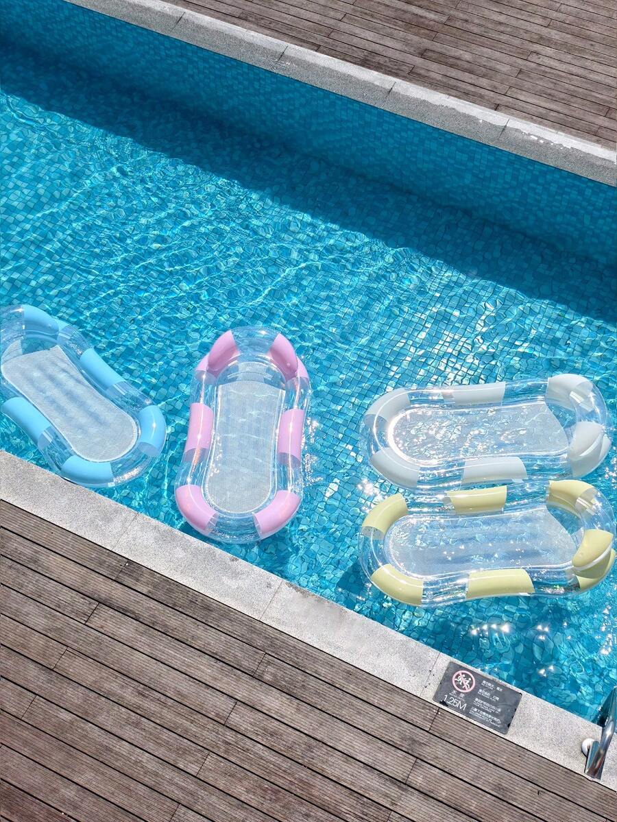 Flotador de piscina inflable con rayas pastel de 4 colores, lentejuelas transparentes y malla, tumbona de agua con soporte de malla para fiesta de piscina de verano - Multicolor - Ver 1