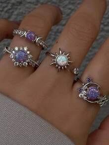 4pcs Fashion Ins Style Sun Moon Diamond Gemstone Ring Set, Valentine's Day Mother's Day Birthday Gift - Multicolor - View 7
