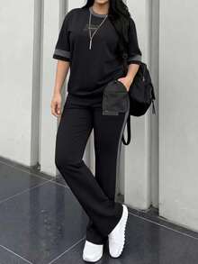 Spring/Autumn Plus Size Women's New Crew Neck Short Sleeve T-Shirt & Casual Elastic Waist Loose Long Pants 2 Pieces Set Elegant Summer - Black+Gray - View 5