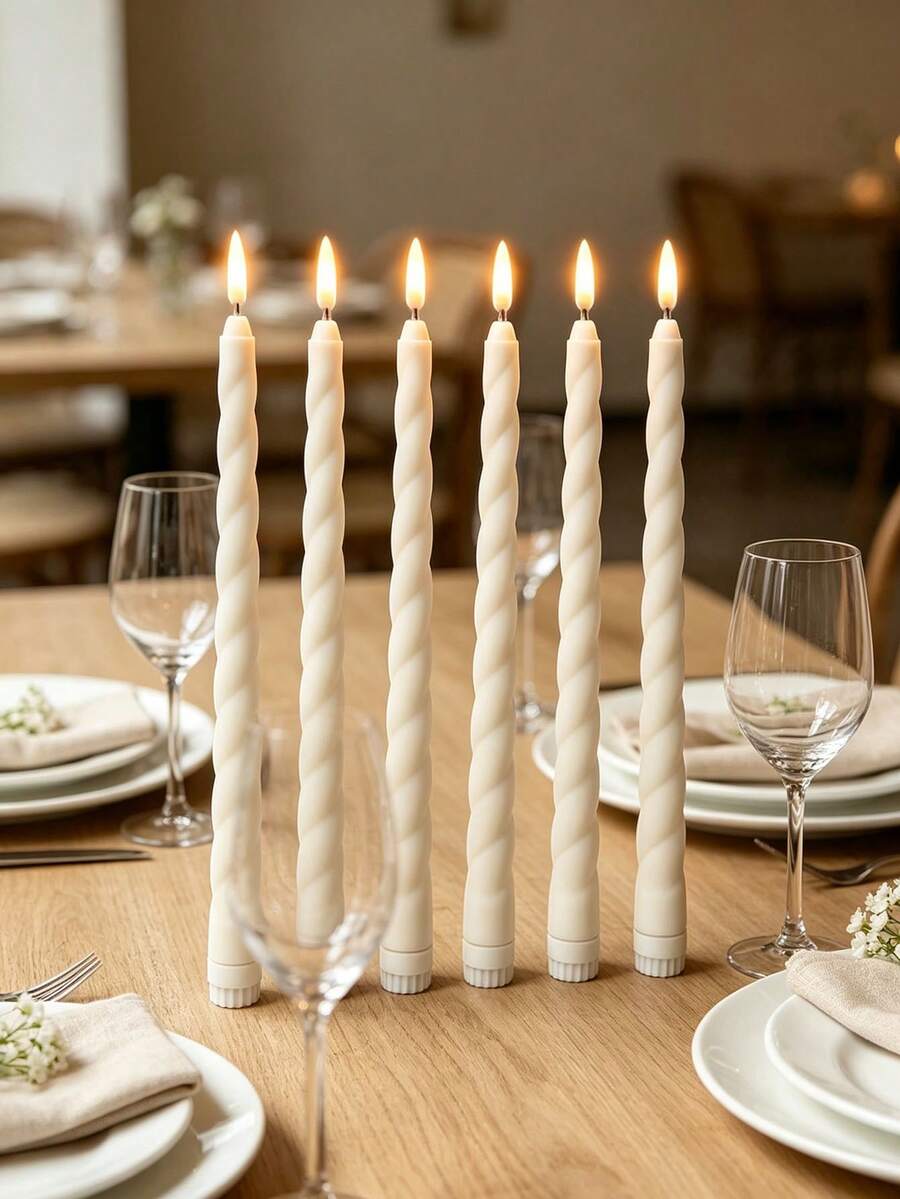 6pcs Pure White Twisted Taper LED Candles, Flickering Flameless Bullet-Shaped Long Stem Electronic Candle Lights, Wedding Table Decor, Christmas, Birthday Party, Romantic Holiday Atmosphere Decorative Lights - Multicolor - View 1