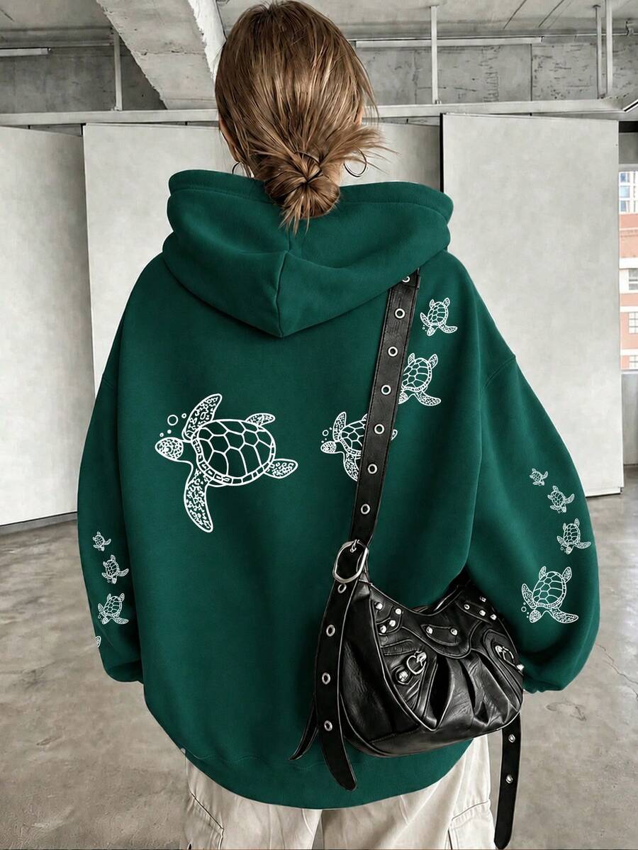 Sweatshirt Motif Kura-kura, Sweatshirt Wanita Ukuran Besar untuk Musim Gugur/Dingin. Kasual - Dark Green - View 1