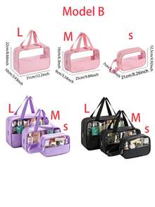 1 Or 3pcs S/M/Purple/Black/White/Blue PVC Makeup Bag, Transparent Large Capacity Bath Bag, PU Waterproof Portable Toiletry Bag, Travel Makeup Bag, Portable Makeup Bag, Women's Toiletry Bag, Waterproof Makeup Bag, Wash Bag, Multi-Functional Travel Storage Bag - Pink - View 4