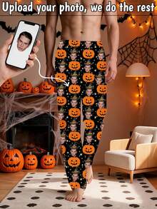 1pc Men's Customized Face Photo Halloween Pumpkin Witch Hat Pajama Pants, Personalized Men's Loungewear Pajama Pants, Gift For Boyfriend - Multicolor - View 2