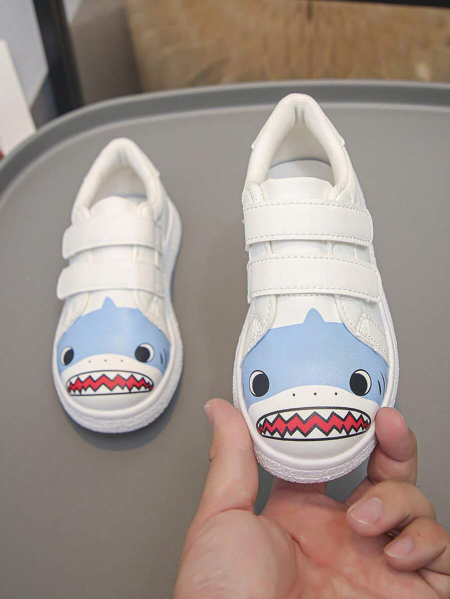 1雙兒童中性魔鬼氈鯊魚刺繡多功能舒適休閒防滑平底學生運動鞋,四季適用 - 白色 - 查看 1