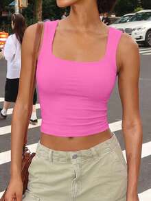 Women Square Neck Wide Strap Stretchy Slim Fit Crop Tank Top Basic Casual Camisole For Vacation Beach Street Daily Outdoor Wear - 玫紅色 - 查看 5