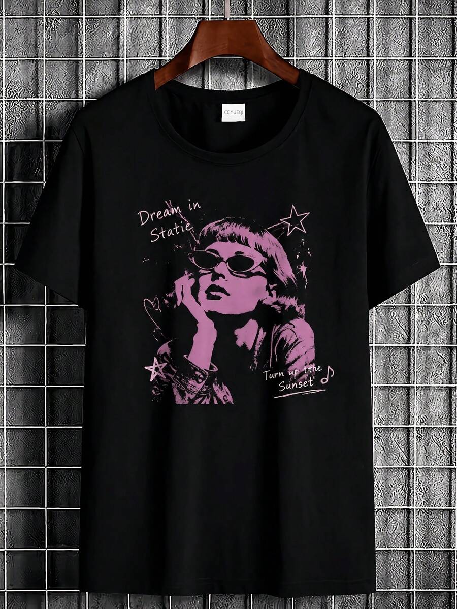 Herren Vintage-Stil Kurzarm T-Shirt mit Rundhalsausschnitt, mit Brillen- und Stern-Drucken, lässige Kleidung geeignet für Alltagsoutfits.