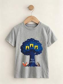 3-Pack Tween Girl Heather Gray T-Shirts, DTG Mushroom Tree House "Our Spot" Watercolor Cotton Tee Set - Gray + Gray + Gray - View 3