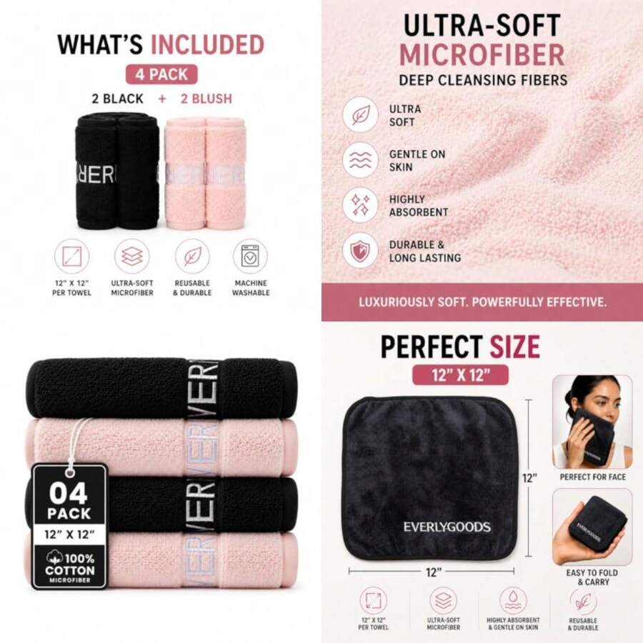 Reusable Makeup Remover Cloths, Microfiber Face Towels,,Washable And -Friendly, And - Pink / Black - View 1
