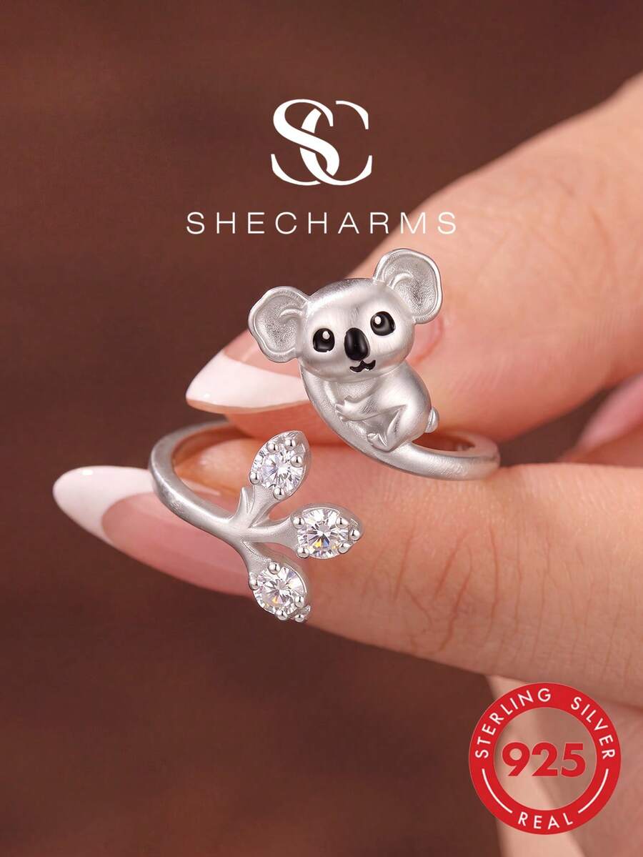 1pc Fashion 925 Sterling Silver Koala Hugging Branch Open Ring, Inlaid With Diamonds, Women's Daily Wear Party Accessory, High Quality Ring - Style 3 - View 1