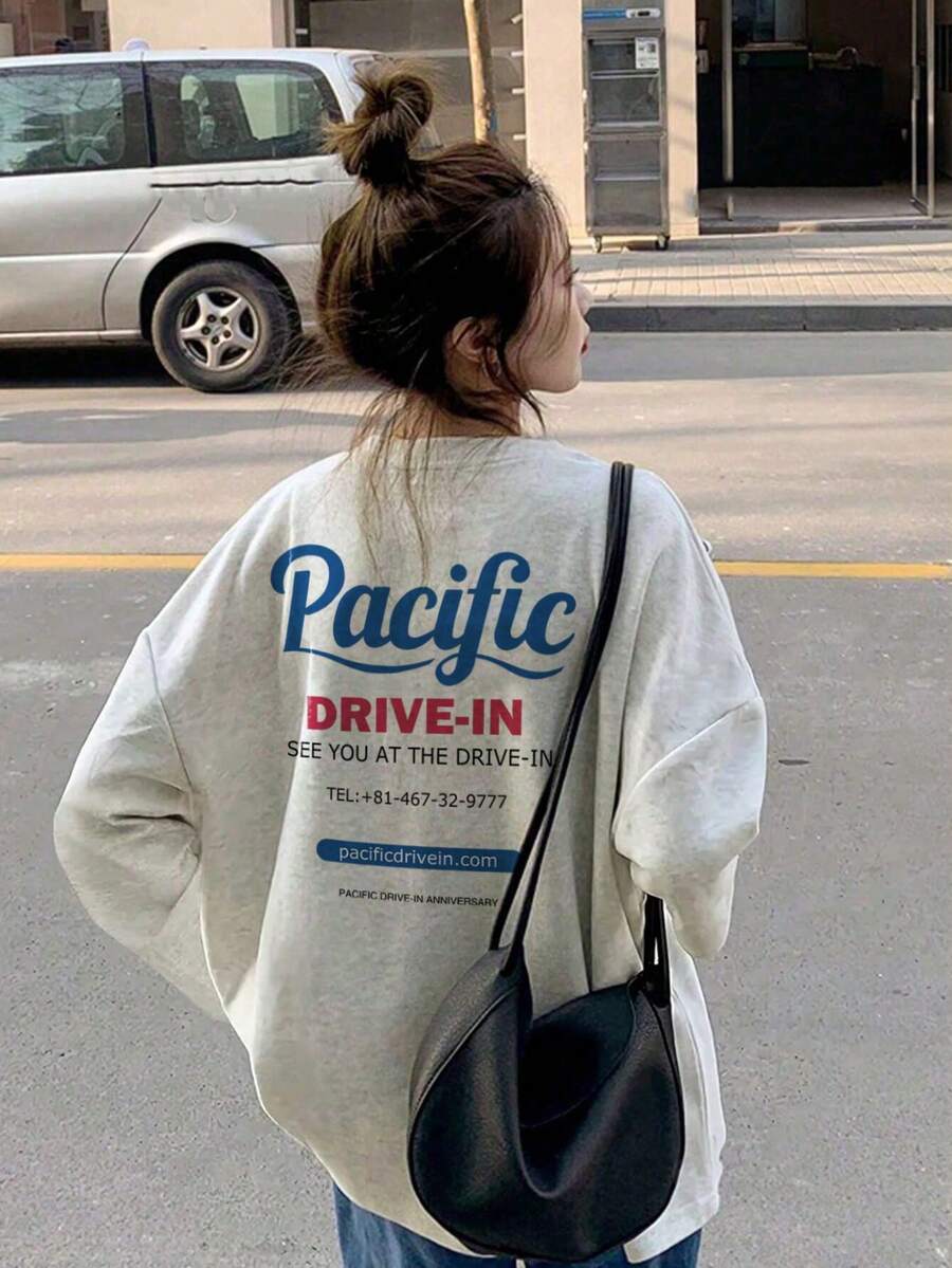 Kaos Lengan Panjang Wanita Model Longgar Serbaguna dengan Motif Huruf untuk Musim Semi/Gugur, Kasual - Abu-abu muda - View 1