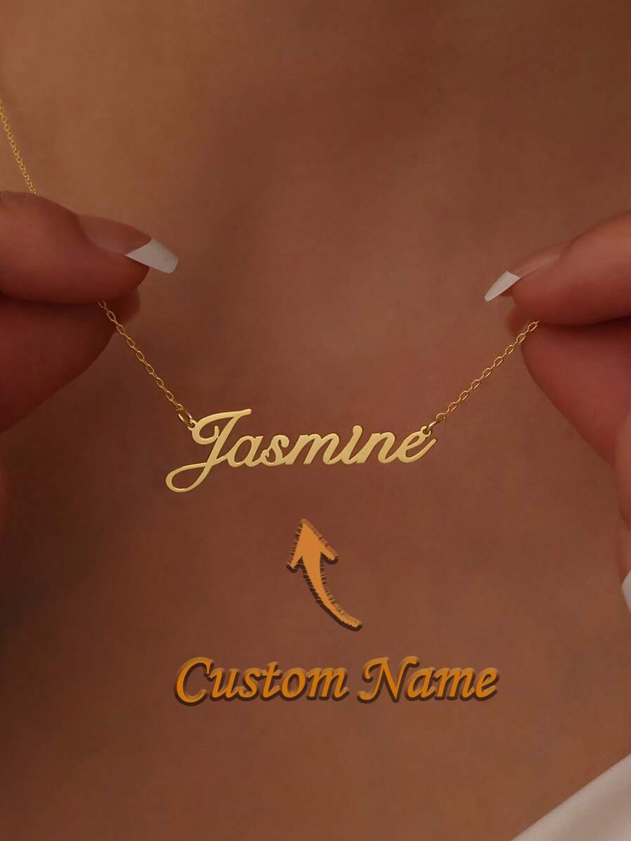 可客製化「Jasmine」金色調項鍊-極簡 304 不鏽鋼客製姓名牌個性化禮物,週年禮物,金色復古中性休閒款,適合送給他的理想禮物,不褪色防水,生日禮物 - 彩色 - 查看 1