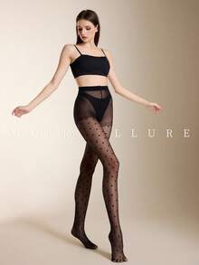 MOIRÉALLURE 1pc Solid Color Suitable For Daily Life Fashion Jacquard Tights - Black - View 6