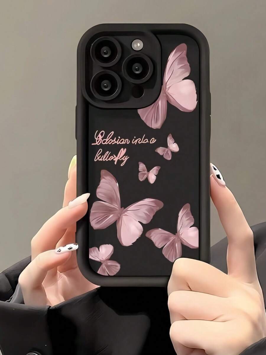1 buah Casing Ponsel Motif Kupu-kupu Merah Muda Gelap dengan Huruf Inggris, Kartun Lucu, Kreatif, Sederhana, Segar, Gaya Eropa dan Amerika, Fashion Anak Perempuan, Bingkai Hitam Buram, Desain Tangga, Casing Lembut Anti Jatuh, Cocok untuk Melindungi Ponsel Galaxy dan Apple - MultiWarna - View 1