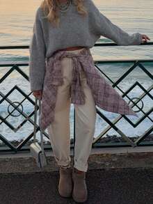 FOR BEAUTY Women's Autumn/Winter Sweater, Elegant Casual Fashion Light Gray High Neck Fuzzy Loose Knit Pullover Top, Daily Wear Street Style Clothing - Grey - View 3