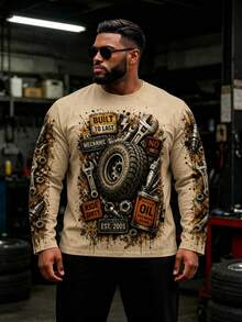 Plus Size Men's Y2K Street Style Crew Neck T-Shirt, Vintage Car Mechanic Tool Print Long Sleeve Top, Machine Washable, Autumn/Winter Essential, Comfortable Everyday Wear - Multicolor - View 1