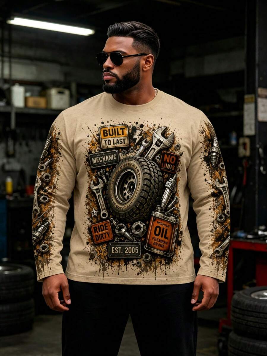 Plus Size Men's Y2K Street Style Crew Neck T-Shirt, Vintage Car Mechanic Tool Print Long Sleeve Top, Machine Washable, Autumn/Winter Essential, Comfortable Everyday Wear - Multicolor - View 1