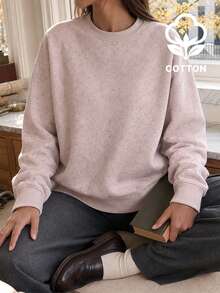 Women's Autumn Long Sleeve Crew Neck Cotton Pullover Sweatshirt, Ribbed Knit Regular Hem Casual Top - Pink - View 1