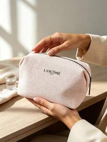 Lancôme LANCOME-GIFT-13 Bolsa de maquillaje con estampado de logotipo en tela de punto gofrado rosa pálido, bolsa de almacenamiento de cosméticos con cremallera completa en forma de almohada de gran capacidad, regalo de belleza de lujo para viajes para mujeres - Blanco - Ver 8