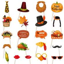 21 piezas de accesorios fotográficos para Acción de Gracias, decoraciones de palo selfie para fiesta de otoño, recortes fotográficos de pavo, calabaza, sombrero de peregrino y barba, suministros para fiesta de cena familiar y festiva - Varios estilos - Ver 1