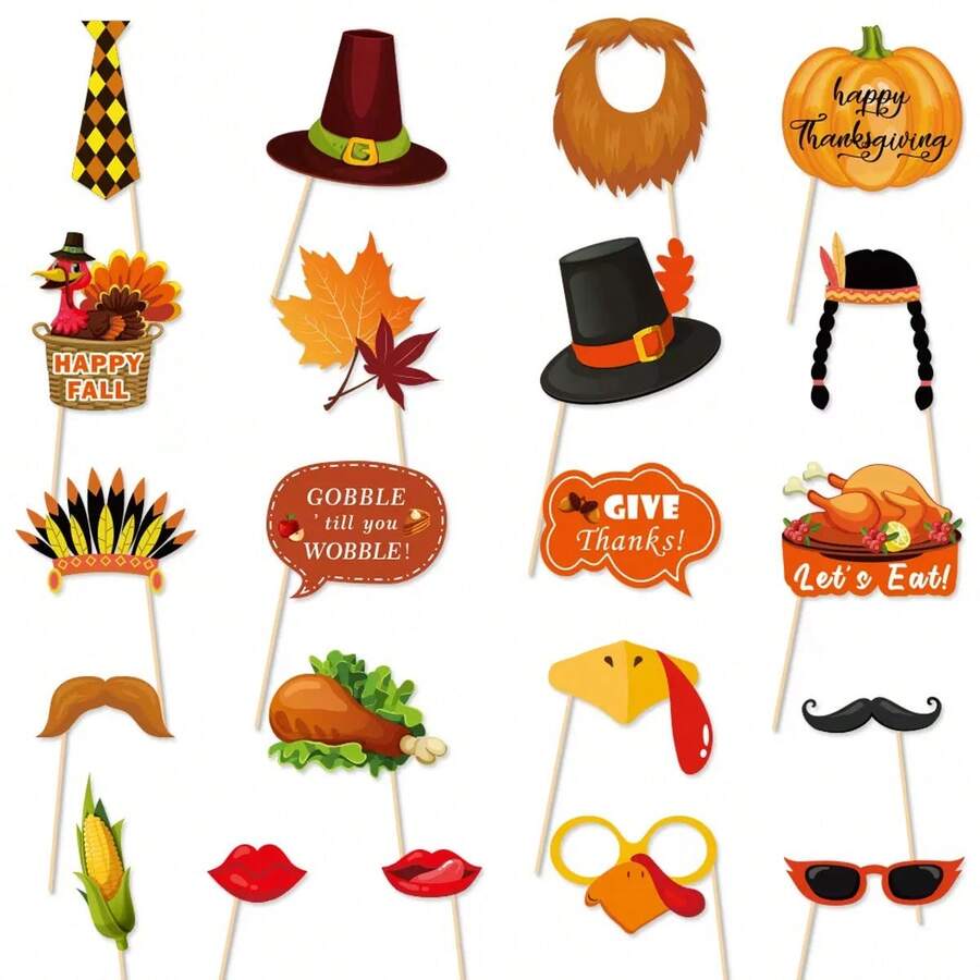 21 piezas de accesorios fotográficos para Acción de Gracias, decoraciones de palo selfie para fiesta de otoño, recortes fotográficos de pavo, calabaza, sombrero de peregrino y barba, suministros para fiesta de cena familiar y festiva - Varios estilos - Ver 1