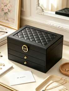 1/2/3-Layer Lockable Jewelry Box, Necklace, Ring, Earring Storage Organizer, Women's Back-To-School Gift - Black - View 9