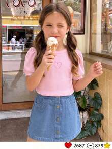 Young Girl Pink Ribbed Heart Top & Denim Skirt Set - Multicolor - View 2