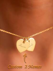 Personalised Double Heart Name Necklace, Couples Gift For Her, Anniversary Gift, Mother's Day Gift, Engraved Pendant, Initial Nameplate Jewelry - Multicolor - View 2