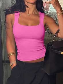 Women Square Neck Wide Strap Stretchy Slim Fit Crop Tank Top Basic Casual Camisole For Vacation Beach Street Daily Outdoor Wear - 玫紅色 - 查看 2