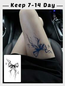1 Sheet Ink Wash Ribbon Bow Streamer Thigh Temporary Tattoo Sticker, Waterproof Long Lasting Fake Tattoo Lasts 7-14 Days, Body Art Decal For Calf Forearm Rib Collarbone Hip - Black - View 1