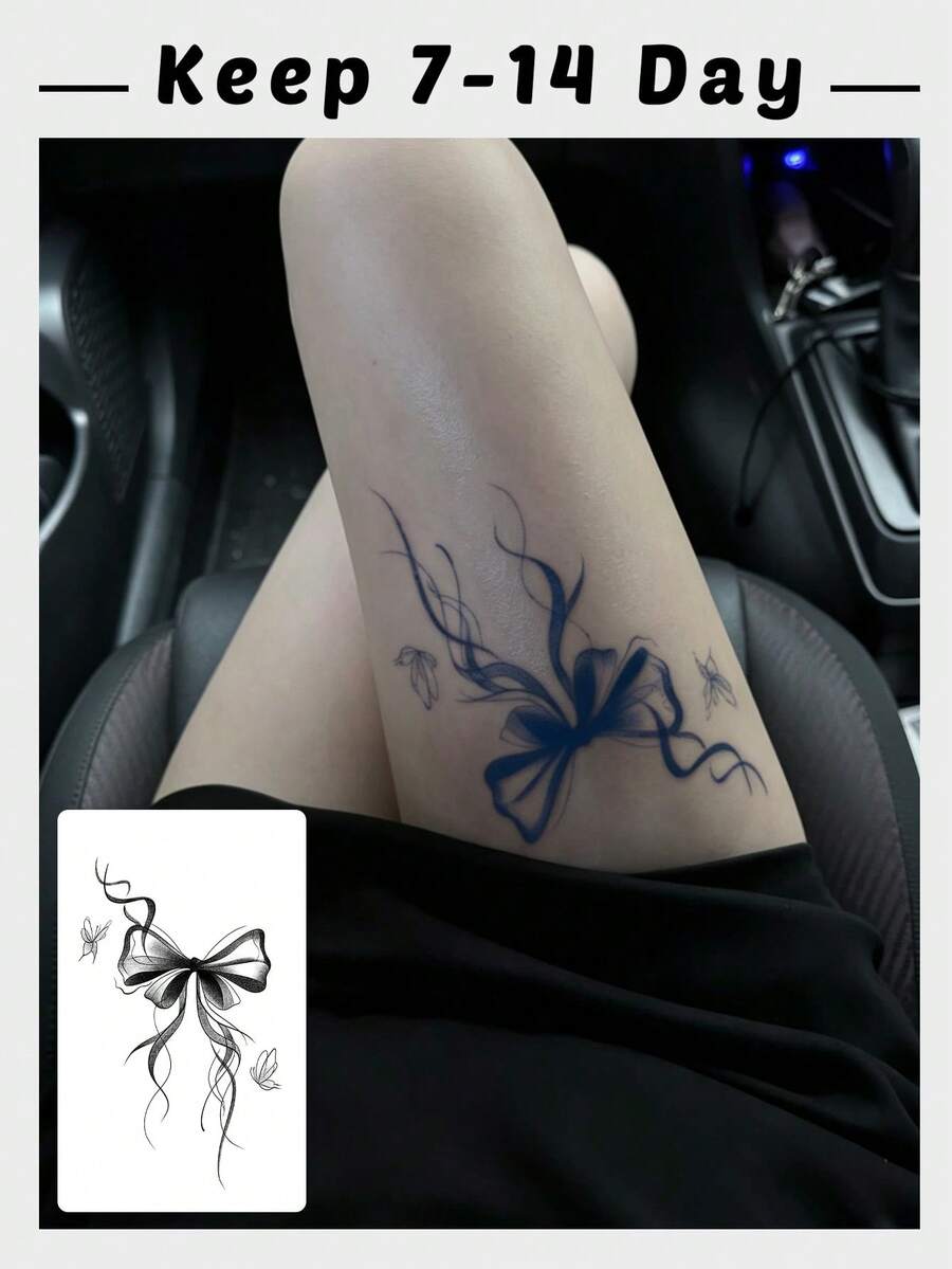 1 Sheet Ink Wash Ribbon Bow Streamer Thigh Temporary Tattoo Sticker, Waterproof Long Lasting Fake Tattoo Lasts 7-14 Days, Body Art Decal For Calf Forearm Rib Collarbone Hip - Black - View 1