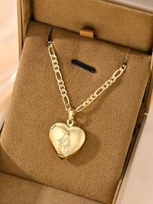 1pc 14K Gold Plated Copper Heart-Shaped Openable Pendant Necklace, Embossed Sacred Heart Pendant With Classic Figaro Chain, Suitable For Christmas/Thanksgiving/Halloween/Mother's Day/Valentine's Day Couples/Friends/Fellow Believers Gift, Catholic First Communion, Gift, Daily And Holiday Wear Prayer - Yellow Gold - View 5