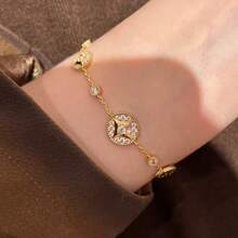 經典復古 18K 金鍍層 鑲鋯石 星芒圓盤通勤百搭女款手鍊 - 金色 - 查看 5