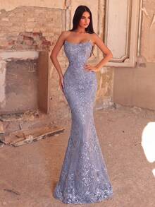 Elegant Women's Strapless Sequin Mermaid Formal Long Dress, Suitable For Ball And Evening Party, Charming Sleeveless Design With Zipper Detail - Dusty Purple - View 4