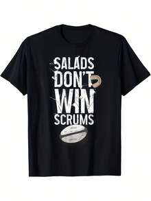 Men's Funny Rugby Graphic T-Shirt - Salads Don't Win Scrums Print, Casual Crew Neck, Short Sleeve, Black With White & Rugby Ball Design, Lightweight & - Black - View 5