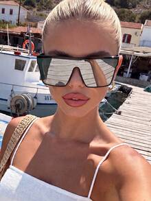 1 Pair Women's One-Piece Frame Reflective Silver High-End Versatile Sunglasses, Suitable For Travel, Vacation, Daily Wear, Beach Accessories, Hiking - Black Frame White Mercury - View 4