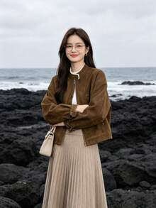Korean Style Vintage Fleece Suede Lamb Wool Jacket Solid Color Zipper Jacket Daily Office Campus Autumn Winter - Coffee Brown - View 2