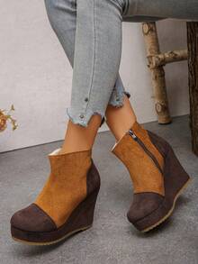 1 Pair Women's Autumn/Winter New Colorblock Patchwork Wedge Ankle Boots, Thick Waterproof Platform Side Zipper Retro Slimming Height-Increasing Bare Boots - Yellow - View 3