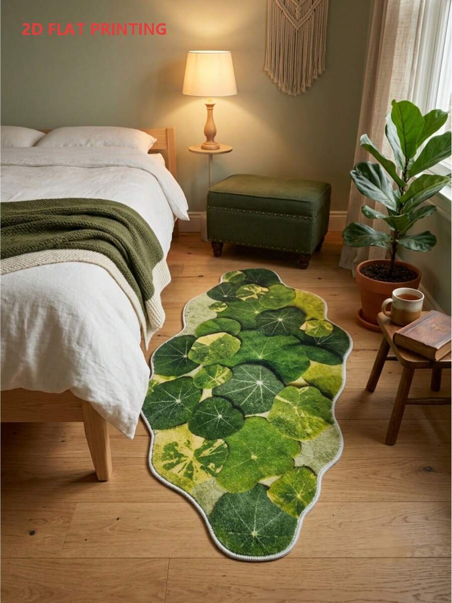 1pc Asymmetrical Green Leaf Decorative Rug, Easy To Clean, Fashionable Floor Mat And Carpet, Suitable For Living Room, Bedroom, Kitchen, Laundry Room, Summer New Product, Decorative Rug, Bedroom Decor, Small Rug, Carpet, Home Decor, Living Room Rug, Living Room Small Rug, Bedroom Rug, Living Room Home Decor, Outdoor Rug, Washable Rug