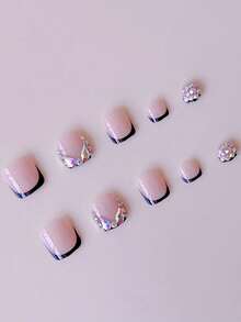 24PCS Short Square Toe Nails White French White Small Flower Gradient 3D Diamond Toe Nail Set Wedding Wearable Nails With 1 File 1 Jelly Glue Suitable For Women's Daily And Party Wear - Multicolor - View 3