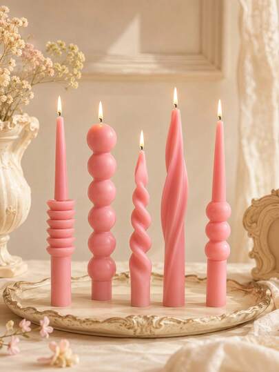 OBOVAY 1/2 buah Lilin Aromaterapi Minimalis Warna Pink dengan Gagang Panjang, Pola Bergelombang, Bentuk Bulat/Setengah Bola/Melintir, Lilin Kedelai Tanpa Asap, Cocok untuk Menciptakan Suasana, Dekorasi Rumah, Pesta, Penataan Meja, Ornamen Lingkungan Kreatif, Dekorasi Meja Kerja