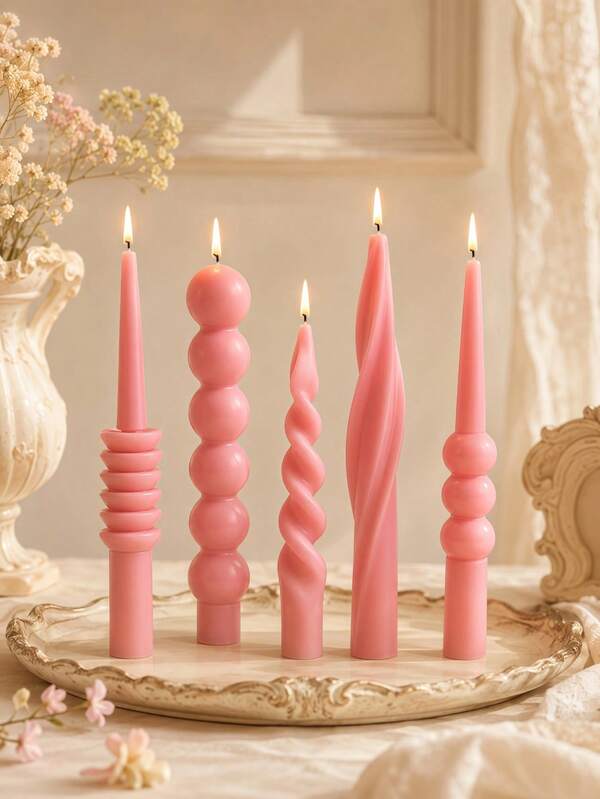 OBOVAY 1/2pcs Minimalist Pink Long Handle Scented Candles, Wavy Pattern, Round/Hemisphere/Twisted Shape, Smokeless Soy Wax, Suitable For Creating Atmosphere, Home Decor, Party, Tabletop Arrangement, Creative Environment Ornament, Desktop Decoration