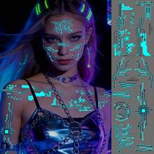 2 Sheets Glow In Dark Cyberpunk Mechanical Temporary Tattoo Stickers, Large Sci-Fi Robot Line Pattern Waterproof Long Lasting Body Decals For Men Women Cosplay Party Decor,Halloween Costume - Multicolor - View 9