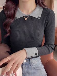 2026 Early Autumn New Colorblock Collared Knit Sweater Women's Elegant Ribbed Slim Fit Flattering Long Sleeve Base Layer Top Fall - Grey - View 6