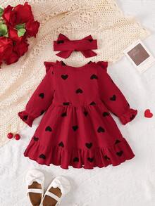 Baby Girl Heart Print Dress And Headband 2 Pieces Set, Spring/Autumn Dress - Burgundy - View 6
