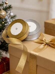 Gold & Silver Glitter Woven Ribbon, Metallic Shiny Fabric Ribbon, Suitable For Gift Wrapping, Halloween, Christmas, Wedding Bouquets, Christmas Tree Decoration, DIY Hair Accessories, Party Cake Packaging, Non-Fraying Luxury Glitter Ribbon Roll, Holiday Decoration - Ribbons - View 4