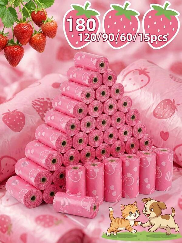 Strawberry Scented Pet Waste Bags, Pet Waste Trash Bags, Delicate Strawberry Fragrance, Dog Waste Bags, Dog Waste Bag Dispenser, Thickened Outdoor Dog Waste Bags, Sturdy Leak-Proof Cat And Dog Waste Bags, Dog Accessories, Cleaning Trash Bags Pet Supplies Waste Bags[1 Roll Equals 15 Bags]